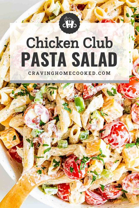 This simple 20-minute Chicken Club Pasta Salad is both easy to make and incredibly delicious! It’s full of juicy chicken, crispy bacon, savory cheddar, and fresh tomatoes and then tossed together with perfectly cooked pasta and creamy addictively good ranch dressing! #recipe #chickenclub #pastasalad Club Pasta Salad, Chicken Club Pasta Salad, Cold Chicken Pasta Salad, Chicken Bacon Ranch Pasta Salad, Bacon Pasta Salad, Chicken Pasta Salad Recipes, Summer Pasta Salad Recipes, Bacon Ranch Pasta Salad, Chicken Bacon Ranch Pasta