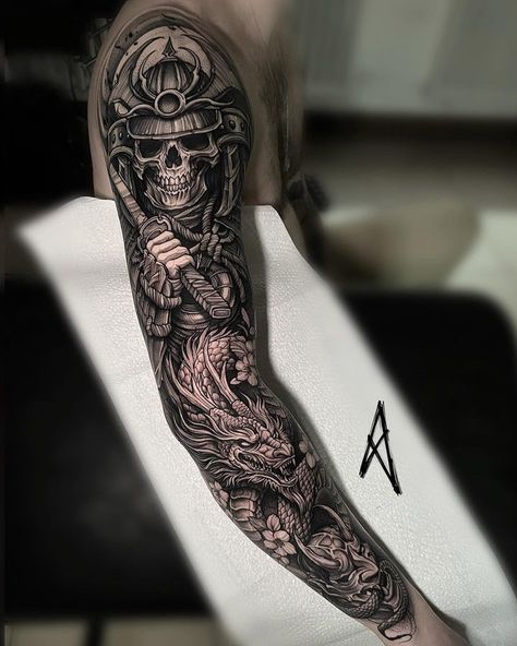 Amenic_tattoo (@michal_hladik_art) • Instagram photos and videos Cool Arm Sleeves For Men, Dragon And Samurai Tattoo Sleeve, Mens Sleeve Ideas, Japanese Men’s Sleeve Tattoo Ideas, Hand To Arm Tattoo For Men, Japenses Tatoos Design Sleeves, Samurai Full Sleeve Tattoo, Japanese Samurai Tattoo Sleeve For Men, Arm Tattoos For Man