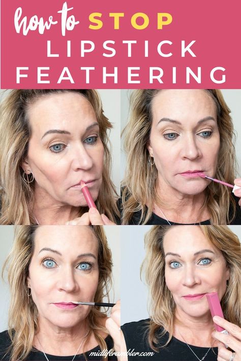 It’s easy to learn how to stop lipstick feathering and bleeding. This tutorial shows the best products to stop lipstick feathering, how to use liquid lipstick for long-lasting results to prevent lipstick bleeding and what techniques flatter over 40 lips. #lipstickbleeding #over40makeup #makeuptutorial How To Wear Lipstick, Stop Lipstick From Feathering, How To Stop Lipstick From Feathering, How To Keep Lipstick From Feathering, Lipstick Applying Tips, Makeup Tutorial Over 40, How To Make Lipstick Not Bleed, How To Pull Off Red Lipstick, How To Make Red Lipstick Stay