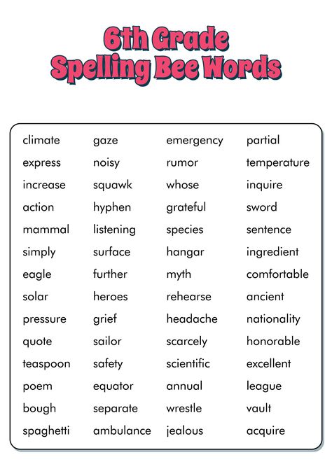 Spell Bee Words Grade 2, Grade 6 Spelling Words, Words For Spelling Bee, 6th Grade Spelling Words List, 7th Grade Spelling Words List, Spelling Bee Ideas, Grade 6 Spelling, 5th Grade Spelling Words List, Morning Sheets