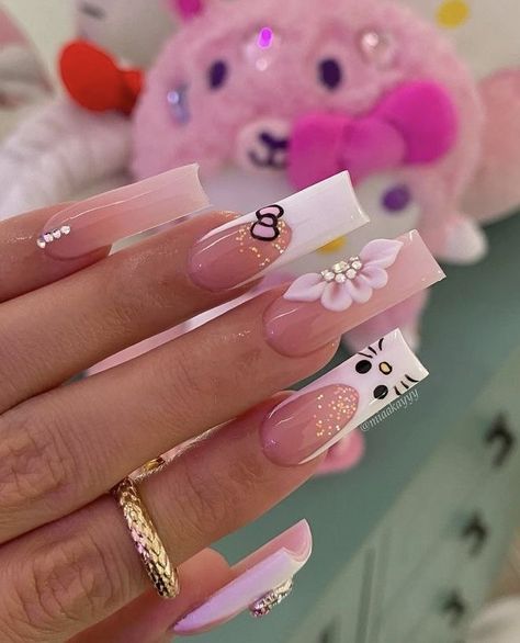 Kawaii Acrylic Nails Hello Kitty, Different Pinks French Tip Nails, Nails Poly Gel Ideas, Xv Pink Nails, Virgin Mary Charm Nails, Spider Charm Nails, Pretty Nails For School, Pink Glam Nails Long, Simple Sets Nails