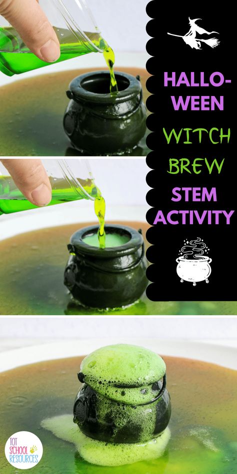 Spooky Witch's brew science experiment {Halloween activity for kids} Wizard Themed Activities, Potions Science Experiment, Witches Brew Preschool, Kids Halloween Experiments, Halloween Craft For Kids Party, Spooky Experiments For Kids, Halloween Teaching Activities, Witch Halloween Activities, Fun Kid Crafts Easy