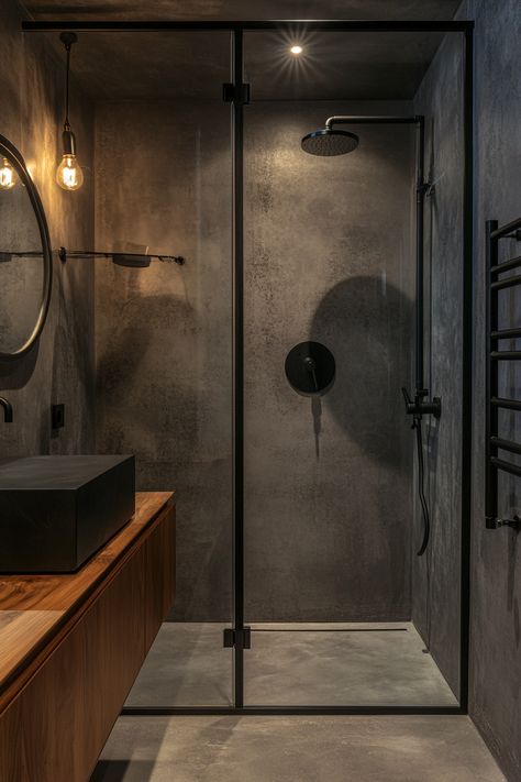 Discover sleek, modern bathroom ideas with this industrial design. Elegant dark tones and minimalist fixtures create a sophisticated space. Perfect for contemporary homes! 🖤 #BathroomDesign #ModernLiving #HomeInspiration Industrial Modern Bathroom Ideas, Modern En Suite Bathroom, Black Shower Room, Small Industrial Bathroom Ideas, Darker Bathroom Ideas, Dark Bathroom Tile Ideas, Industrial Contemporary Bathroom, Dark Industrial Bathroom, Industrial Washroom