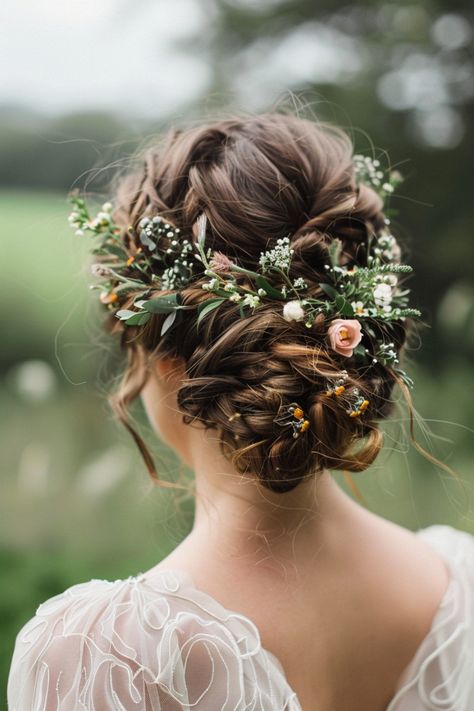 Long hair wedding styles open up a world of possibilities for showcasing elegance and romance. Discover more ideas here. Wedding Hair Flowers And Veil, Wedding Braid Flowers, Intricate Wedding Hair, Wedding Hair Greenery, Updo With Flowers And Veil, Fall Bride Hair, Viking Style Wedding Hair, Wedding Floral Hair Piece, Enchanted Forest Wedding Hair