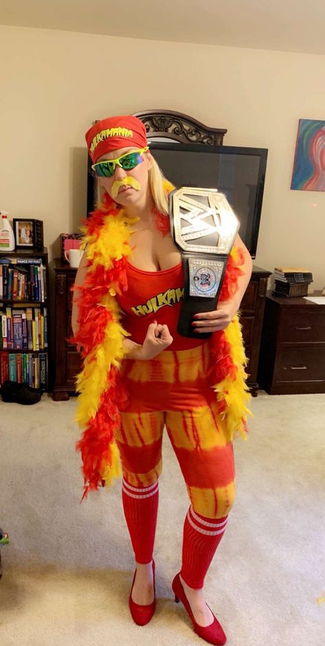 Hulkamania Halloween DIY Wrestling WWE Wwe Trunk Or Treat, Wrestler Outfit, Woman Wrestler Costume, Wrestlemania Costume, Wwe Halloween Costumes Women, Female Wrestlers Costume, Wrestler Costume, Wrestler Halloween Costume Women, Wwe Costumes Diy