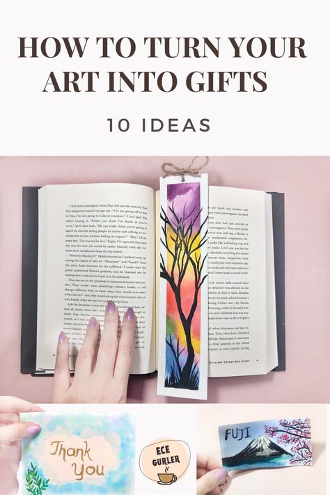 As creators, we create unique, fun and/or meaningful art each time and why not turn your artwork into gift ideas? I will give you 10 wonderful gift ideas that you can benefit from! Whether it be holiday season, birthdays or anniversaries, these gifts will make your loved ones so happy. Since they will be truly unique and personalized, and made with your effort and love, they will feel even more special. Here is the 10 ways to turn your artwork into gifts! Watercolor Gifts Ideas, Watercolour Gift Ideas, Drawing Gift Ideas, Watercolor Gift Ideas, Painting Gift Ideas, Art Gift Ideas, Watercolour Ideas, Artsy Gift, An Open Book