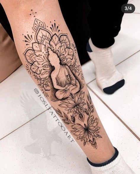 Buddhist Inspired Tattoos, Spiritual Calf Tattoos For Women, Buddha Leg Sleeve, Buddha Arm Tattoo Women, Boho Leg Sleeve Tattoo, Feminine Power Tattoo Strength, Buddha Sleeve Tattoo Women, Buddha Leg Tattoo, Buddah Tattoo For Women