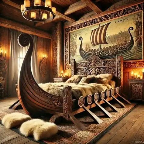 Viking Home Decor Interior Design, Viking Room Ideas, Viking Room Decor, Viking Inspired Home, Viking House Interiors, Viking Bedroom, Viking Furniture, Tree Meanings, Viking Home Decor