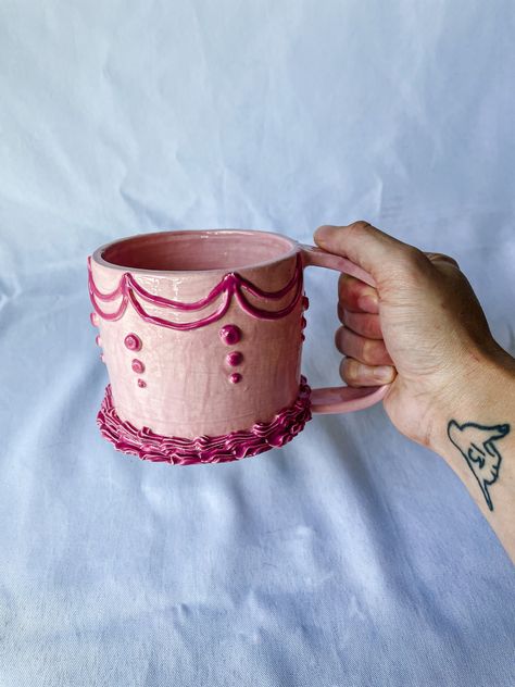 Ceramic Mug sculpted to look like a cake with light and dark pink "frosting". Dishwasher safe Cake Ceramic, Clay Workshop, Cake Mug, Pink Frosting, Cerámica Ideas, Clay Mugs, Box Packaging Design, Pink Ceramic, Light And Dark