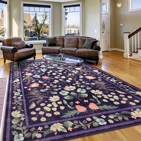 PRICES MAY VARY. Vintage Floral Throw Area Rug:Our boho rugs have a digitally printed vintage design with a high density and the room rug have a very clear floral pattern.The carpet adds a textured weave process, rubbing the fibers on the surface of the indoor carpet in a positive or negative direction will reveal two different colors and textures, adding a splash of unique ambiance to your place Soft Low Pile Carpet:Low pile rug is 0.2 inch thick. It is non-slip, lightweight, opens and closes d Autumnal Bedroom, Purple Home Office, Playroom Dining Room, Vintage Playroom, Desk Rug, Purple Dining Room, Home Office Farmhouse, Carpet Print, Colorful Boho Rugs