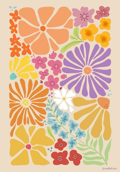 Pattern Cute Wallpaper, Aesthetic Pattern Drawing, Photo Wall Collage Prints, Funky Flower Wallpaper, Summer Flowers Illustration, Flower Painting Pattern, Flower Collage Painting, Funky Flower Art, Funky Flower Painting