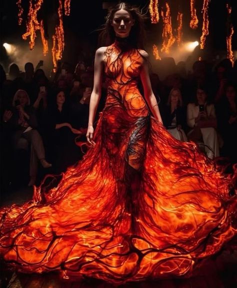 Fire Gown Haute Couture, Dress That Looks Like Fire, Volcano Inspired Fashion, Fire Inspired Gown, Dresses Inspired By Fire, Fire Fashion Design, Fire Goddess Dress, Flame Costume Women, Phoenix Inspired Dress