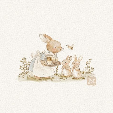 This is my Beatrix Potter inspired illustration for #celebratetheillustrators and my entry for #joyfullmaychallenge “May you be refreshed” with a nice glass of cold lemonade (and because we’re celebrating an English icon, I HAD to include my husbands childhood favourite: the classic scones with jam and clotted cream 😋) Today, I felt it was important to include a bee because it’s #WorldBeeDay. Bees play a crucial role in pollination, and without them, the human race would struggle to survive. ... Beatrix Potter Illustrations Vintage, Beatrix Potter Inspired Art, Beatrice Potter Illustration, English Illustration, Watercolor Children Illustration, Cute Bee Illustration, Cute Art Prints, Children Illustration Art, Children’s Illustration