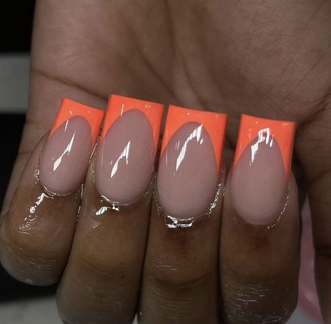 Dark Orange French Tip Nails, Pink And Orange French Tip Nails Short, Pastel Orange French Tip Nails, Baby Blue Nails French Tip, Short Orange French Tip Nails, Light Orange French Tip Nails, Coral Pink French Tip Nails, Square Nails Orange Tips, Coral French Tips