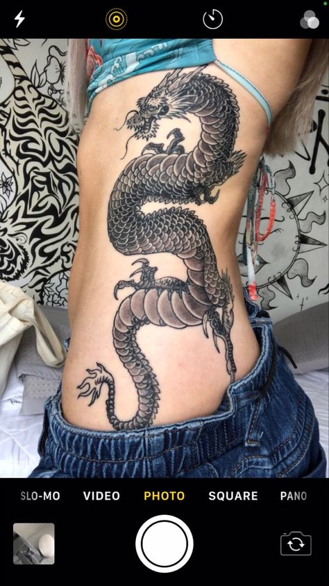 Stomach Dragon Tattoo For Women, Dragon Tattoo Side Stomach, Dragon Waist Tattoos, Dragon Ribs Tattoo, Dragon Tattoo Ribcage, Dragon Tattoo For Women Side Rib, Dragon Rib Tattoo Woman, Dragon Tattoo Rib, Dragon Shoulder Tattoo Women