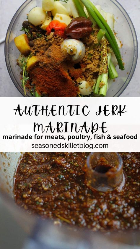 This homemade Jerk Marinade is bursting with Jamaican flavour, you'll never go store-bought again! This classic all-purpose marinade is loaded with aromatics, fresh ingredients, a delicious spice blend, and scotch bonnet pepper for a kick of heat. Use jerk marinade on poultry, meats, fish, seafood, vegetables or in pasta, the options are endless! Jamaican All Purpose Seasoning Recipe, Jerk Marinade Recipes, Jerk Seasoning Recipe, Jerk Chicken Marinade, Jamaican Jerk Sauce, Jerk Recipe, Jerk Marinade, Jerk Chicken Recipe, Jamaican Jerk Seasoning