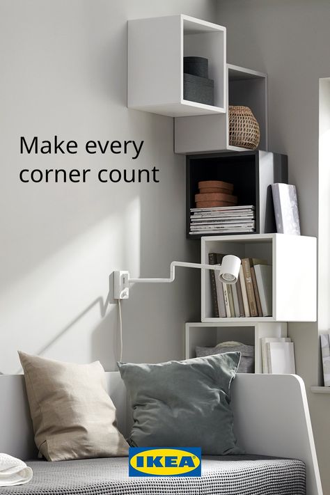 Make your corners stand out in your small apartment living room with this inspo for unique living room wall décor. Small Apartment Corner Ideas, Ikea Corner Storage Hack, Ikea Room Decor Ideas, Ikea Eket Wall, Eket Corner, Eket Wall Ideas, Ikea Eket Living Room, Ikea Eket Corner, Eket Corner Wall