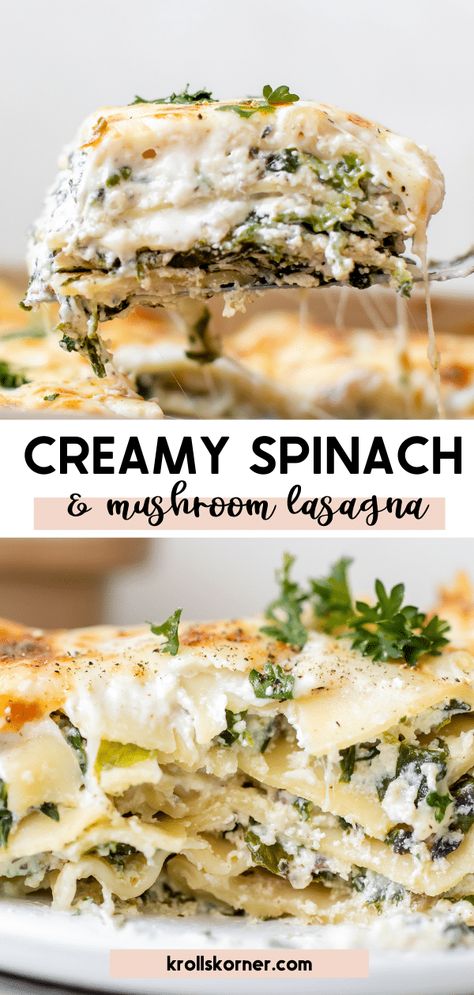 This Creamy Spinach and Mushroom Lasagna has layers of sautéed spinach and mushrooms mixed together with a ricotta cheese mixture and a drool-worthy white sauce. It’s all layered with lasagna noodles, covered in mozzarella cheese and baked until you have a hearty, rich, gooey lasagna! #whitelasagna #spinachlasagna #spinachandmushrooms #lasagnarecipes #homemadelasagna #krollskorner Spinach Alfredo Lasagna Recipe, Creamy Veggie Lasagna Recipe, Garlic Mushroom Lasagna, Creamy Spinach Lasagna, Spinach Cottage Cheese Lasagna, Alfredo Lasagna Vegetarian, Homemade Veggie Lasagna, White Mushroom Lasagna Recipe, Veggie Lasagna Rolls