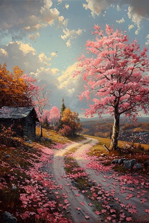 The painting is in a realistic style and depicts a rural scene. There is a small cabin nestled in a valley surrounded by rolling hills ->> more details in ai-img-gen.com Realistic Landscape Paintings, Fallen Petals, Peaceful Countryside, Trying For A Baby, Countryside Art, Countryside Paintings, Blooming Trees, Colorful Clouds, Rural Scenes