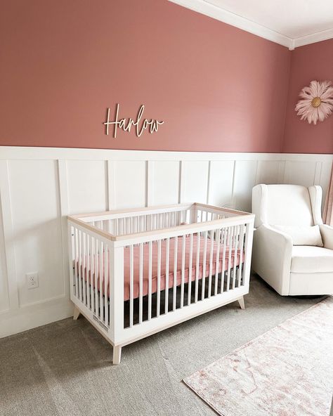 Pink Wall Color Nursery, Girl Baby Rooms Nurseries, Crib Wall Ideas, Pink And Natural Nursery, Two Tone Pink Nursery, Wall Paneling Nursery, Rose Color Nursery, Baby Girl Accent Wall Nursery, Two Tone Nursery Walls