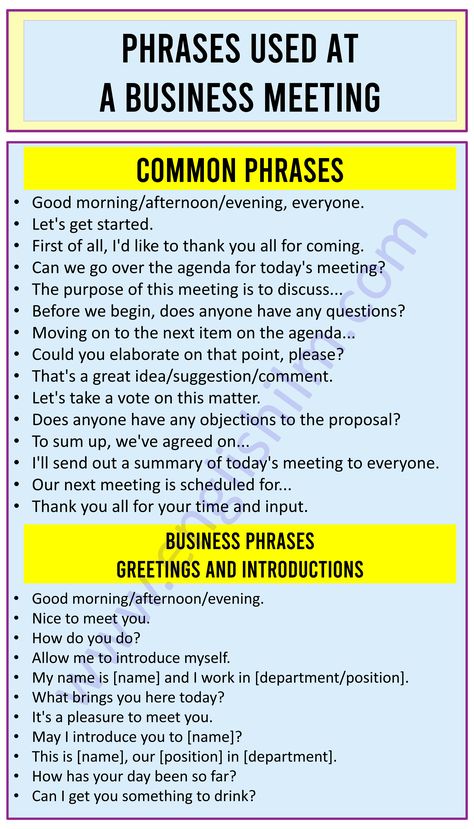 Phrases Used At a Business Meeting in English | Business Phrases Bussines English Words, Business Idioms And Phrases, Corporate English Words, Business Meeting Phrases, Phrases To Use At Work, Office English Conversation, Business English Phrases, Business English Conversation, Corporate Vocabulary