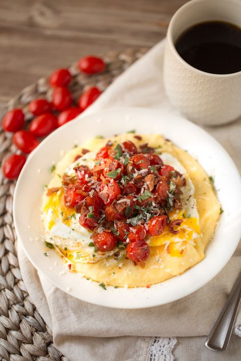 Breakfast Polenta with Roasted Tomatoes, Eggs and Bacon | This Gal Cooks Polenta Breakfast, Breakfast Polenta, Tomatoes Eggs, Kale Salads, Plating Food, Breaking Fast, Presentation Food, Breakfast Plates, Eggs And Bacon