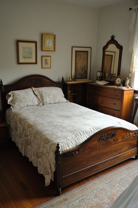 15 Elegant Victorian Bedroom Ideas for Timeless Charm – Everyday Inspo Victorian Country Bedroom, Bedroom Classy Elegant, 1900 Bedroom, Old Fashion Bedroom, Vintage Wood Bed Frame, Simple Victorian Bedroom, Cream Victorian Bedroom, Victorian Accessories Bedroom, 1890 Bedroom