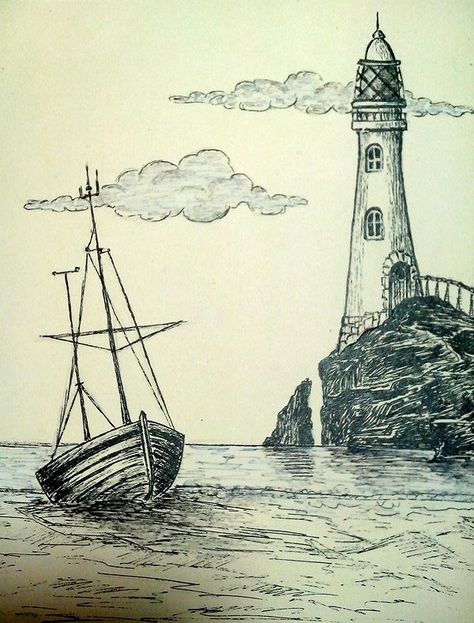 #pencildrawing #art #drawing #sketchpencil drawing person pencil drawing portrait faces pencil drawing pencil pencil drawing quotes pencil drawing queen Lighthouse Drawing, Easy Pencil Drawings, Tre Kunst, Landscape Pencil Drawings, Drawing Scenery, Boat Drawing, Nature Art Drawings, Lighthouse Painting, Lighthouse Art