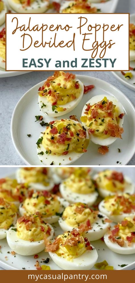 Jalapeño Popper Deviled Eggs are a delicious mash-up of two favorites. These are a must-make for any brunch spread, party, or gathering. These eggs don't have mayo - whipped cream cheese, cheddar cheese, pickled jalapenos, and bacon give these eggs a delicious zesty vibe. Deviled Eggs With Bacon And Jalapeno, Jalepeno Popper Deviled Egg, Dill Pickle Ranch Deviled Eggs, Jalapeno Bacon Deviled Eggs Recipe, Deviled Egg Mini Burgers, Gourmet Deviled Eggs Appetizers, Deviled Eggs Cream Cheese, Deviled Eggs Jalapeno Bacon, Jalepeno Bacon Deviled Eggs Recipe