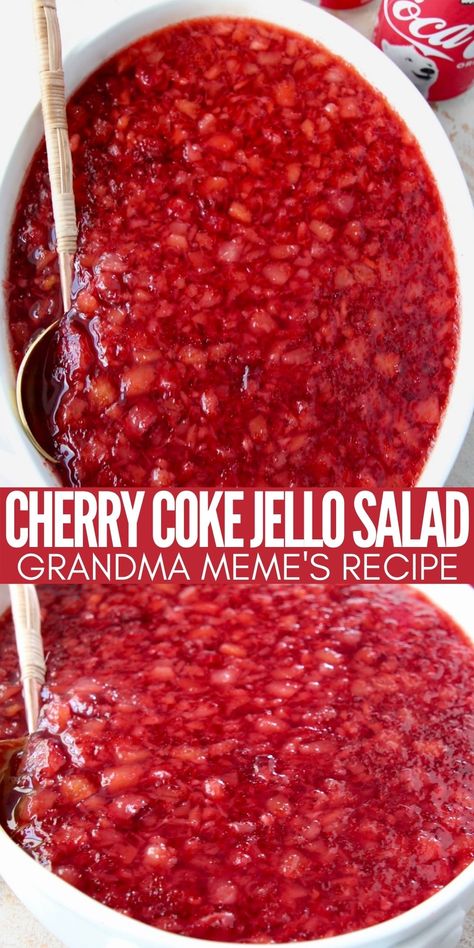 Grandma Meme's Cherry Coke Jello Salad recipe combines cherries, pineapple, coca-cola & cherry jello. It's the perfect easy side dish to serve at Thanksgiving, Christmas or Easter! Coke Salad Recipe, Coke Jello Salad, Cherry Coke Jello, Coke Jello, Jello Deserts, Jello Fruit Salads, Coke Recipes, Jello Mold Recipes, Congealed Salad