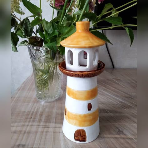 Pottery Lighthouse, Clay Lighthouse, Ceramic Lighthouse, Ceramica Ideas, Ceramic Lantern, Pottery Houses, Clay Houses, Pottery Painting Designs, Cerámica Ideas