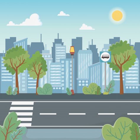 Cityscape scene with crosswalk road Free Vector | Free Vector #Freepik #vector #freecity #freebuilding #freelight #freeroad Road Animation, Diy Busy Books, Activity Books For Toddlers, Road Vector, Toddler Busy Book, Pixel Art Landscape, City Cartoon, City Road, City Background