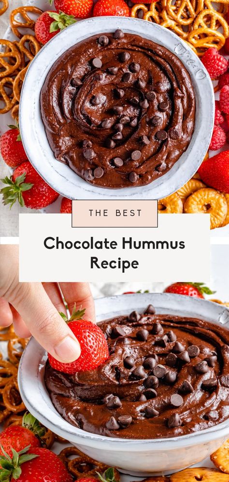 The best chocolate hummus recipe made with simple ingredients for the perfect, easy dessert! This vegan chocolate hummus recipe comes together in just 5 minutes and is delicious with berries, crackers, pretzels and more. #hummus #chocolate #healthydessert #vegandessert Hummus Chocolate, Dessert Hummus Recipe, Cinnamon Treats, Chocolate Hummus, Hummus Recipe Homemade, Dessert Hummus, High Protein Desserts, Easy Vegan Dessert, Dairy Free Chocolate Chips