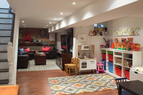 Basement Play Area, Kids Playroom Basement, Basement Family Rooms, Toronto Home, Living Room Playroom, Basement Layout, Basement Playroom, Kids Basement, Basement Living Rooms