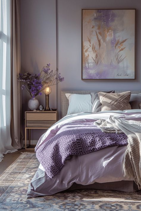 Soft Lavender Bedroom, Lilac And Wood Bedroom, Good Room Colors, Lavendar Bedrooms, Violet Bedroom Ideas, Light Lavender Bedroom, Lavender And Sage Bedroom, Lavender Boho Bedroom, Colors For A Bedroom