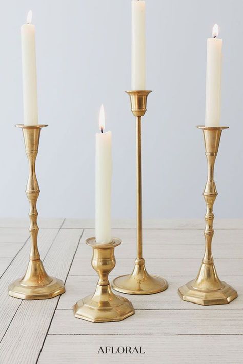 Shop Taper Candle Holder Sticks for your Vintage Wedding Decorations Wedding Table Gold Candlesticks, Wedding Candle Holders, Cheap Wedding Table Centerpieces, Gold Candlesticks, Gold Candlestick Holders, Candles Shop, Gold Candle Sticks, Gold Candle Holders, Wedding Floral Centerpieces