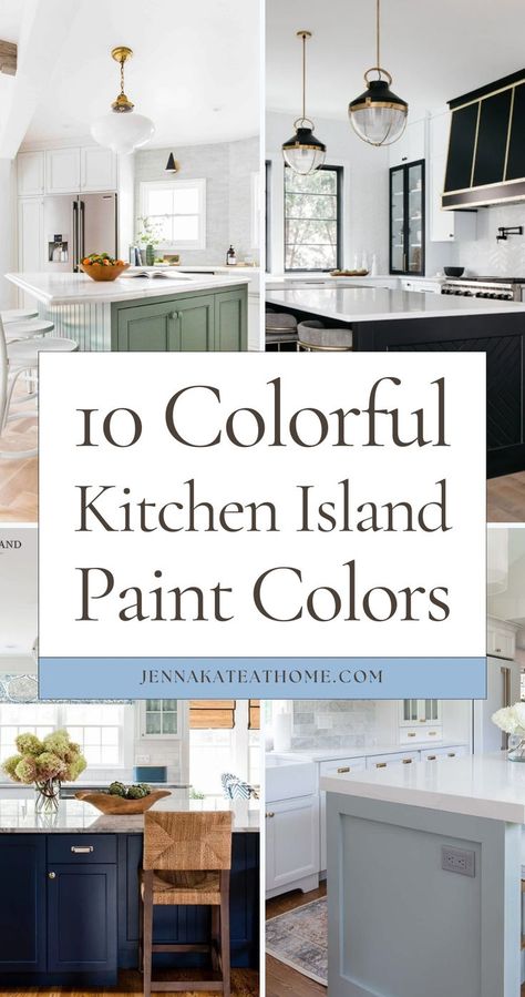 Looking for kitchen island paint colors ideas in 2024? Try these modern options that include green and blue, perfect for adding contrast in a white kitchen. These coastal kitchen island paint colors bring a fresh vibe. Get inspiration from these paint color options for your painted kitchen island! White Kitchen Painted Island, Painted Island Kitchen, Island Color Ideas, Kitchen Island Color Ideas, Kitchen Island Paint Colors, Island Paint Colors, Brown And Blue Kitchen, Colorful Kitchen Island, Coastal Kitchen Island