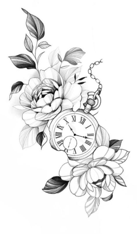 Pocket Watch Flower Tattoo, Flowers With Clock Tattoo, Clock With Flowers Tattoo Design, Fine Line Pocket Watch Tattoo, Floral Clock Tattoos For Women, Clock And Flower Tattoo Design, Pocket Watch With Flowers Tattoo, Flower And Clock Tattoo For Women, Pocket Watch Tattoo Design Women