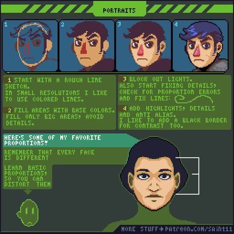 Pedro Medeiors is creating Pixel Art and other Game Dev stuff | Patreon Pixel Art Portrait Tutorial, Pixel Art Guide, How To Draw Pixel Art, Pixel Art Tips, Pixel Art Building, Pixel Art Portrait, Pixel Portrait, Pixel Art Human, How To Pixel Art