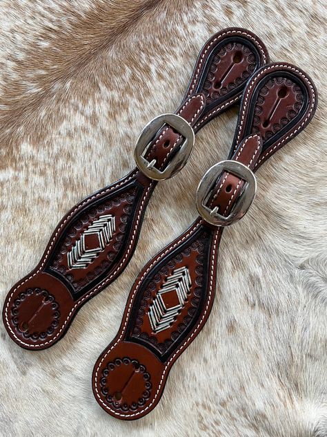 Pair Mens Western Spur Straps Tooled Leather and Rawhide - Etsy Leather Spur Straps, Western Spurs Straps, Spurs Western, Leather Tooling Patterns, Mens Western, Tooling Patterns, Spur Straps, Chevron Design, Tooled Leather