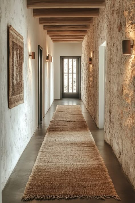 Hallway of Unique Passage Plastered Walls Interior, Wabi Sabi Hallway, Exposed Stone Wall Interior, Wabi Sabi Door, Stone House Interior, Wabi Sabi Room, Interior Stone Walls, Unique Hallway, Wabi Sabi Lighting