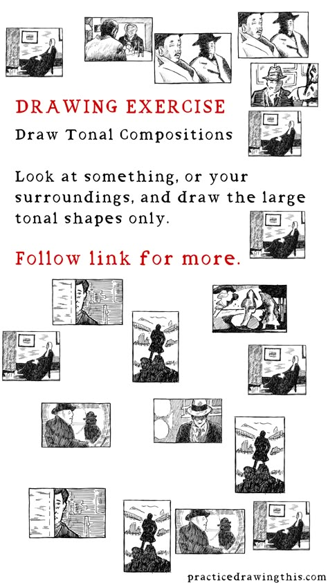 Drawing Exercises - Look at something, or your surroundings, and draw the large tonal shapes only. Comic Drawing Exercises, Cartoon Drawing Exercises, Master Copy Drawing, Warm Up Drawing Exercises, Hatching Exercise, Sketching Practice Exercises, Drawing Warm Ups, Drawing Practice Exercises, Practice Drawing Exercises