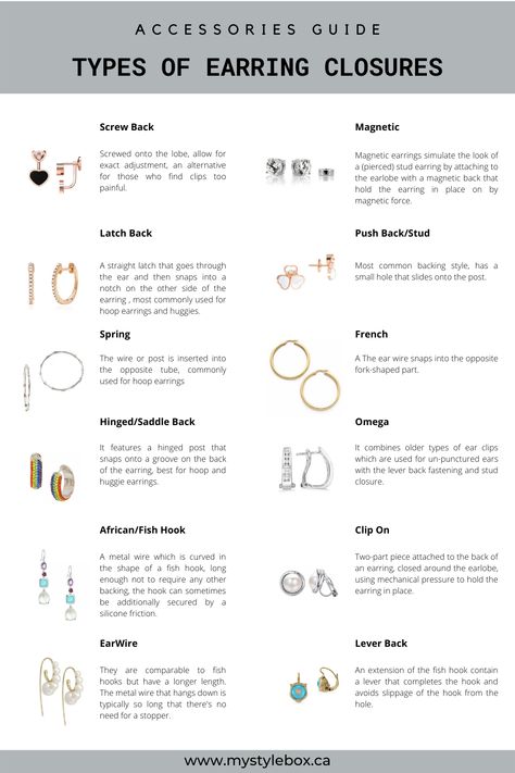 TYPES OF EARRING CLOSURES Types Of Earring, Fashion Knowledge, Fashion Terminology, Ear Piercing Ideas, Accessories Guide, Styling Jewelry, Jewelry Knowledge, Clothing Guide, Fashion Dictionary