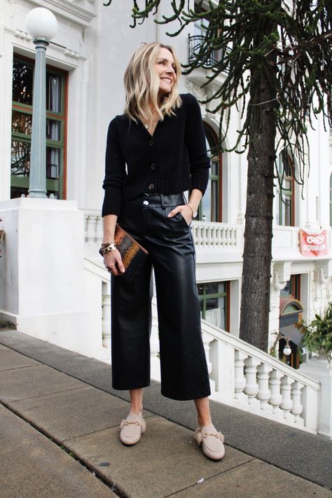 Faux Wide Leather Pants Outfit, Crop Leather Pants, Black Crop Pants Outfit Winter, Leather Cropped Pants, Cardigan And Leather Pants, Cropped Leather Pants Outfit Casual, Cropped Flare Leather Pants Outfit, Black Leather Crop Pants Outfit, Black Leather Culottes Outfit