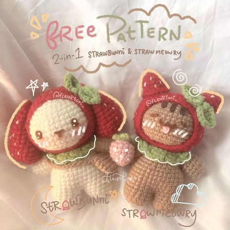 fleur | [ free pattern! <3 ] strawbunni & strawmeowry ꩜ 🍓⋆⭒˚.⋆ 🍓☆〜（ゝ。∂） (please do not repost!) (also available on my ribblr!) finally!… | Instagram Crochet Tutorial Pattern, Crochet Fairy, Quick Crochet Patterns, Crochet Business, Crochet Design Pattern, Kawaii Crochet, Beginner Crochet Projects, Crochet Amigurumi Free, Crochet Fashion Patterns