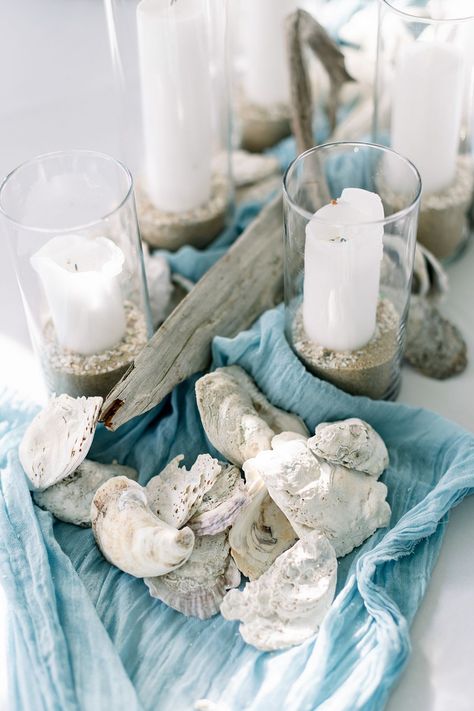 Beach Party Table Setting, Elegant Coastal Wedding Decor, Coastal Theme Party Food, Ocean Inspired Tablescape, Coastal Disco Wedding, Oyster Centerpiece Wedding, Coastal Photo Backdrop, Family Style Tablescape, Coastal Boho Wedding Decor