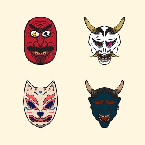 Colección de máscaras japonesas dibujada... | Premium Vector #Freepik #vector #demonio #diablo #monstruo #conjunto Chinese Mask Design, Mascara Samurai, Samurai Mask Illustration, Samurai Mouth Mask, Japan Demon Mask