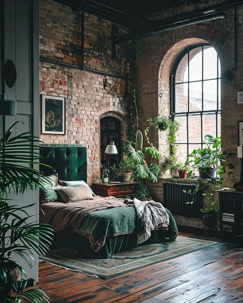 Industrial Bedroom, Bedroom Green, Dream House Interior, Industrial House, Green House, Exposed Brick, Aesthetic Bedroom, Dream Rooms, Dream House Decor