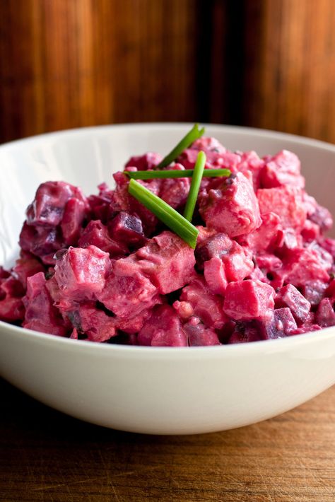 This is a better version of a ubiquitous salad found in takeout shops all over France Salade Russe, as it is called, is a mayonnaise-dressed mixture of potatoes, diced carrots, peas and other vegetables, but usually not beets Yogurt vinaigrette stands in for mayonnaise here. Potato Salad With Beets, Dominican Potato Salad, Beet And Potato Salad, Salad With Beets, Beets Recipe, Ecuadorian Food, Beet Salad Recipes, Potato Salad Recipe, Beet Recipes