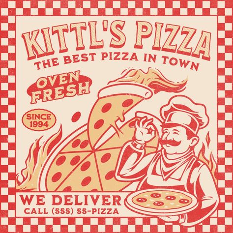 Pizza Party Poster Design, Vintage Pizza Box Design, Pizza Box Graphic Design, Pizza Place Logo, Pizza Graphic Design Illustrations, Retro Pizza Logo, Pizza Box Design Ideas, Vintage Pizza Logo, Vintage Pizza Poster